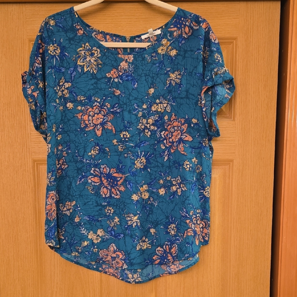 Blue and Apricot Floral Flutter Sleeve Blouse